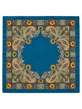 Luxury Paisley Floral Satin Scarf for Women – 35” Square Teal Blue Gold Sage